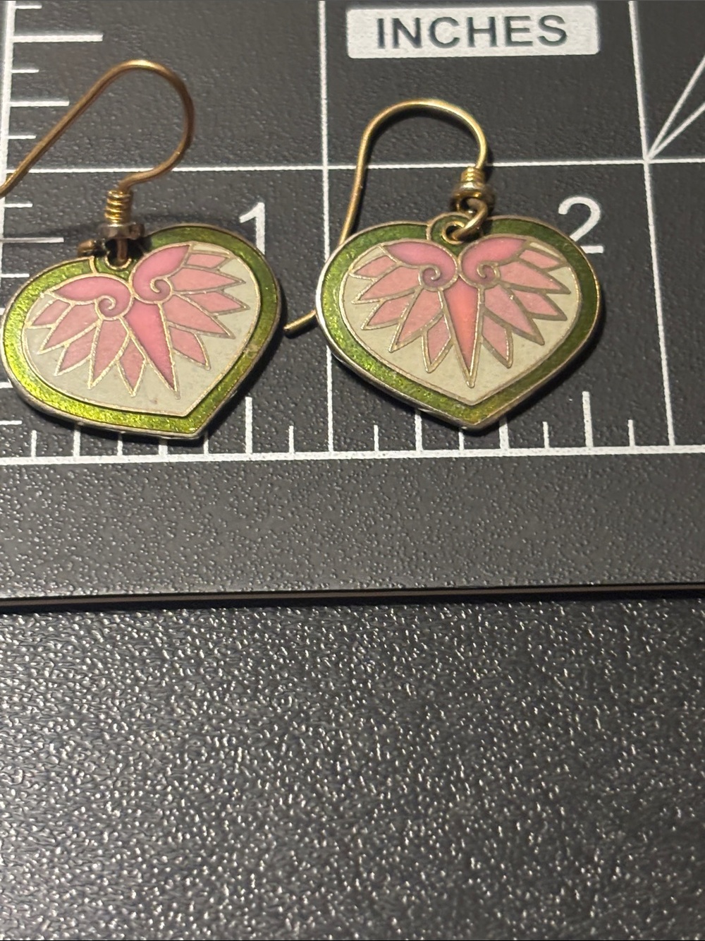 Laurel Burch Pink Green Heart Cloisonne Hollyhock Lotus Flower Enamel Earrings - Picture 4 of 11